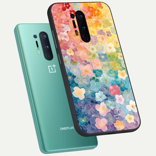  Rainbow Blossom Burst phone case For OnePlus 8 Pro showing premium glass back cover with detailed artwork