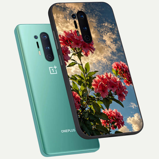  Red Bloom Skies phone case For OnePlus 8 Pro showing premium glass back cover with detailed artwork