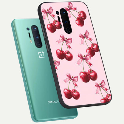  Red Cherries Pattern phone case For OnePlus 8 Pro showing premium glass back cover with detailed artwork