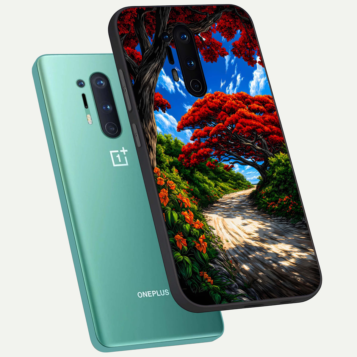  Red Trees Pathway phone case For OnePlus 8 Pro showing premium glass back cover with detailed artwork