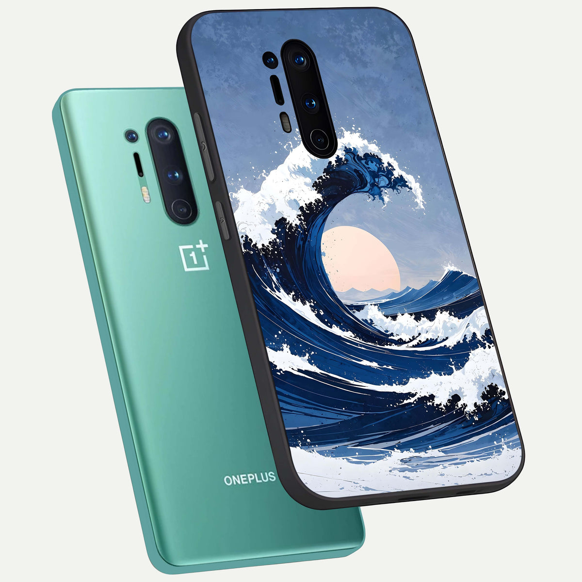  Rising Tide Power phone case For OnePlus 8 Pro showing premium glass back cover with detailed artwork