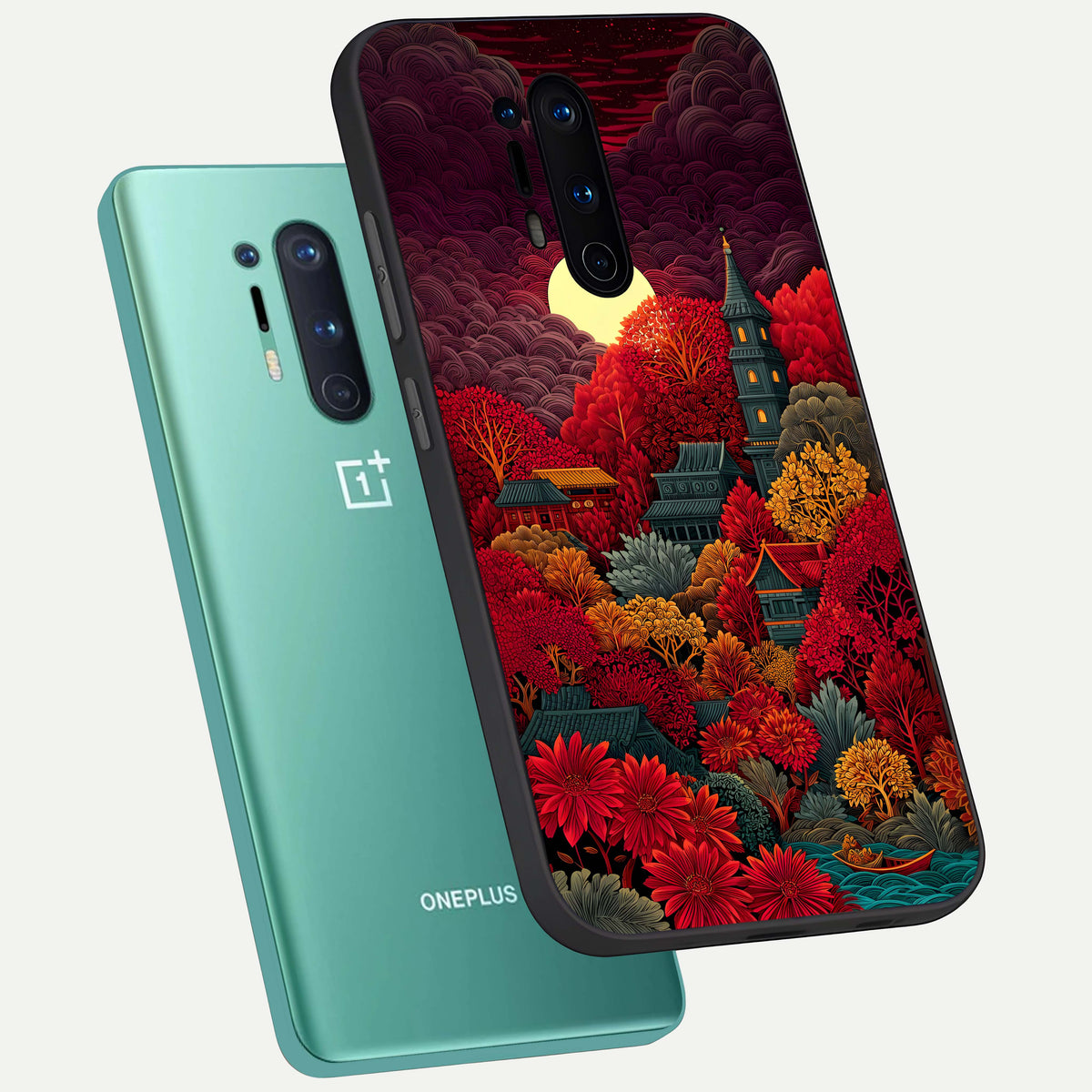  Scarlet Autumn Temple phone case For OnePlus 8 Pro showing premium glass back cover with detailed artwork