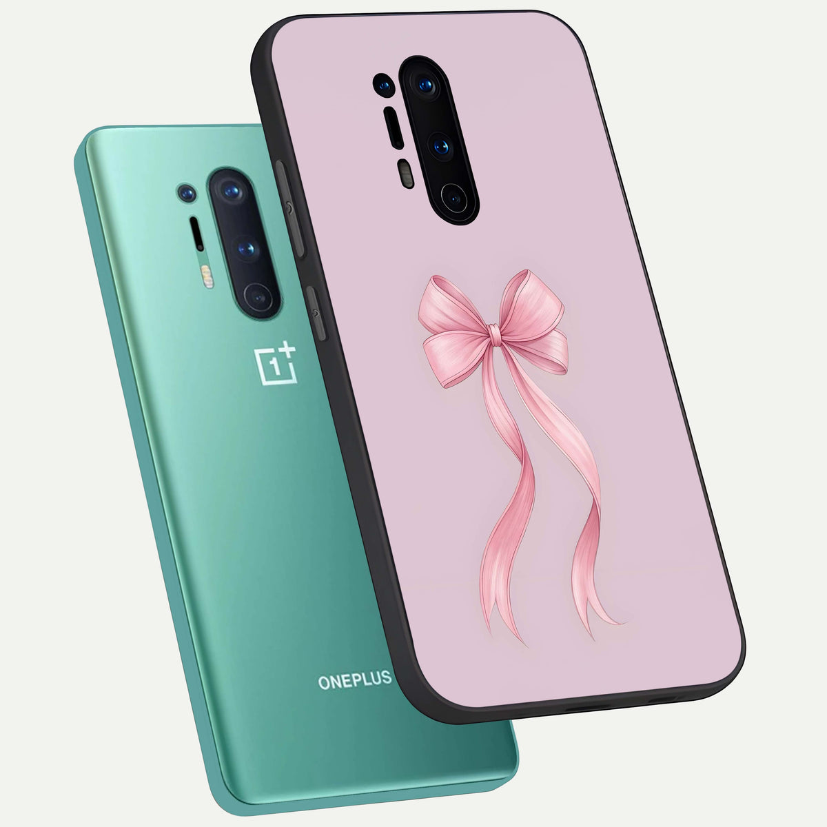 Soft Blush Bow phone case For OnePlus 8 Pro showing premium glass back cover with detailed artwork