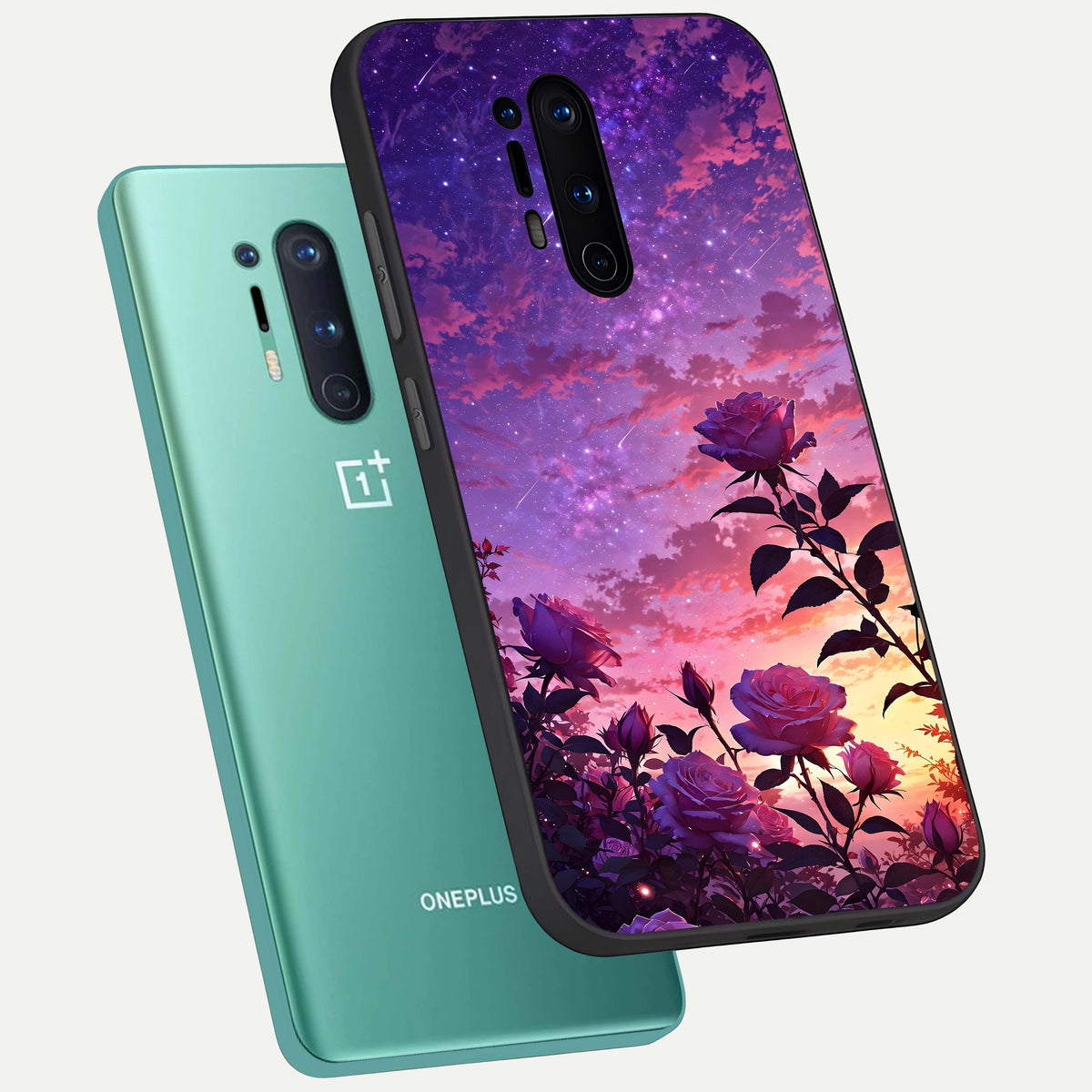  Starlit Rose Twilight phone case For OnePlus 8 Pro showing premium glass back cover with detailed artwork