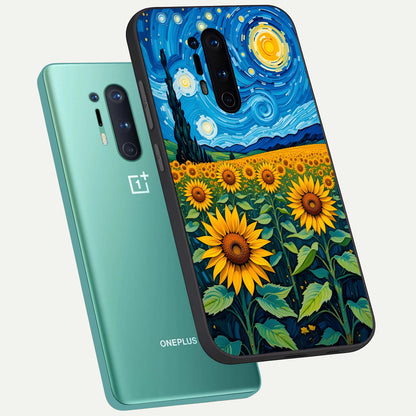  Starry Sunflower Dreams phone case For OnePlus 8 Pro showing premium glass back cover with detailed artwork