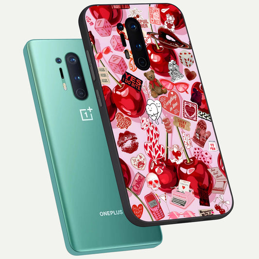  Sweet Cherry Chaos phone case For OnePlus 8 Pro showing premium glass back cover with detailed artwork