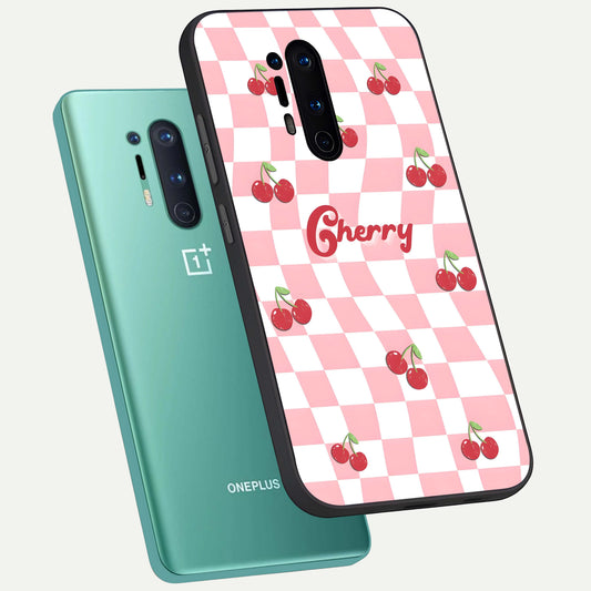  Sweet Cherry Vibes phone case For OnePlus 8 Pro showing premium glass back cover with detailed artwork