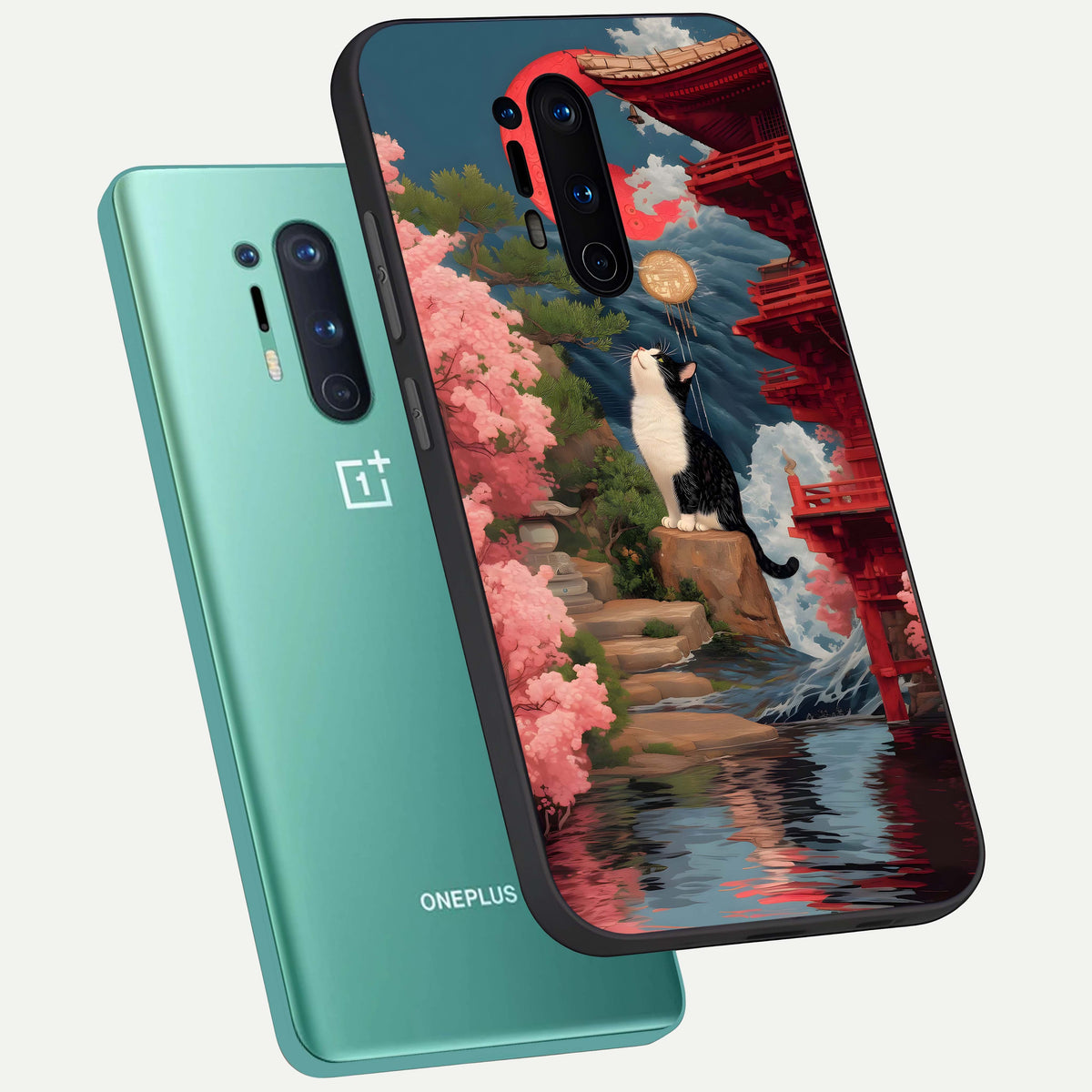  Temple Cat Scenery phone case For OnePlus 8 Pro showing premium glass back cover with detailed artwork