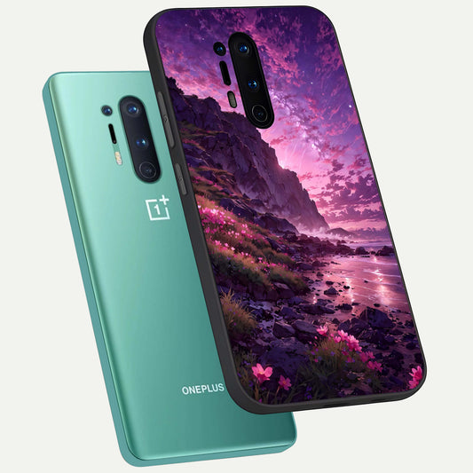  Twilight Blossom Coast phone case For OnePlus 8 Pro showing premium glass back cover with detailed artwork