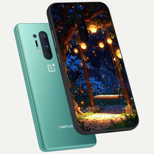  Twilight Garden Swing phone case For OnePlus 8 Pro showing premium glass back cover with detailed artwork