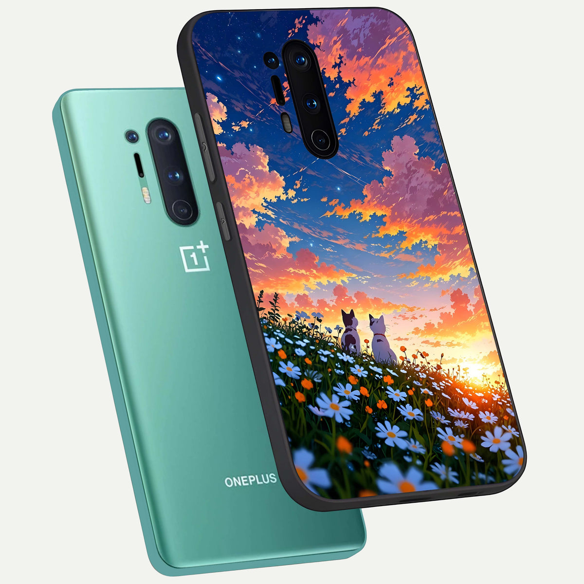  Two Cats Friends phone case For OnePlus 8 Pro showing premium glass back cover with detailed artwork