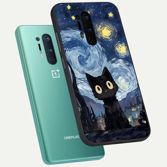 Van Gogh Cat phone case For OnePlus 8 Pro showing premium glass back cover with detailed artwork