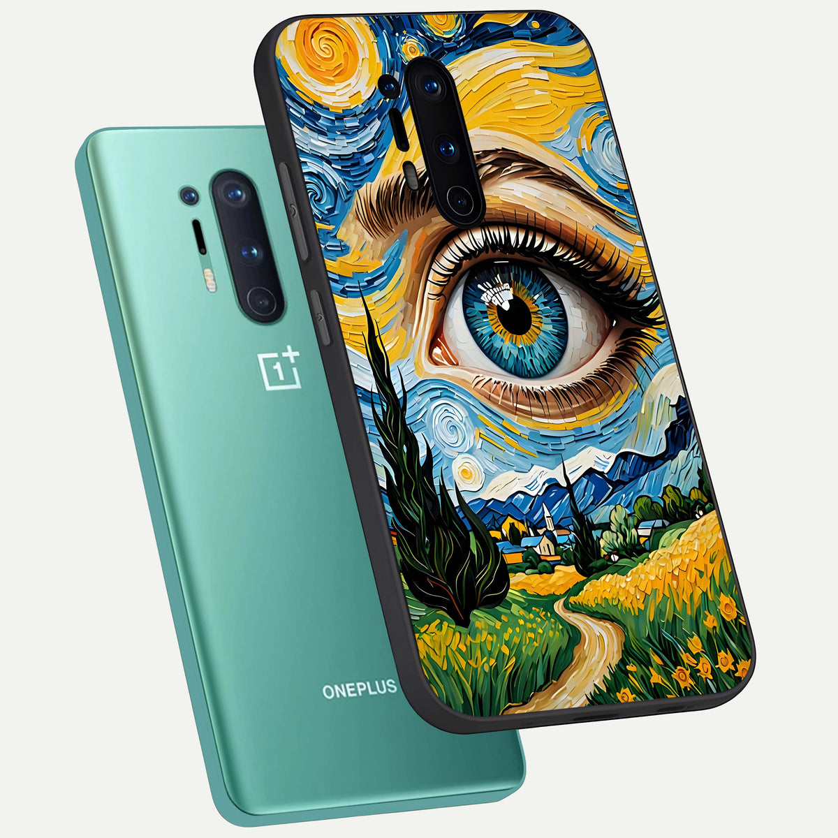 Van Gogh Eye phone case For OnePlus 8 Pro showing premium glass back cover with detailed artwork