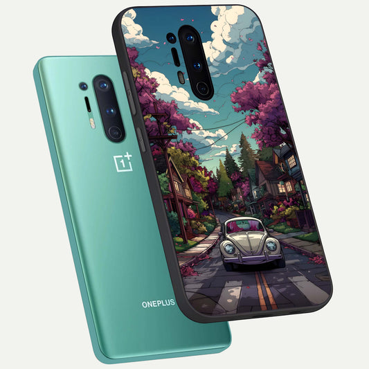  Vintage Street Drive phone case For OnePlus 8 Pro showing premium glass back cover with detailed artwork