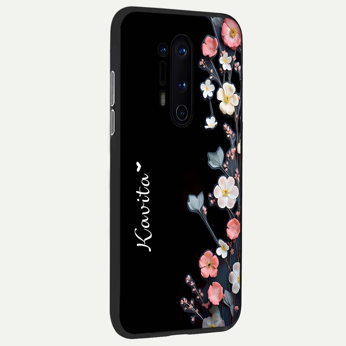 Black Elegance Floral Custom Name back cover For OnePlus 8 Pro slim fit glass case with vibrant aesthetic design