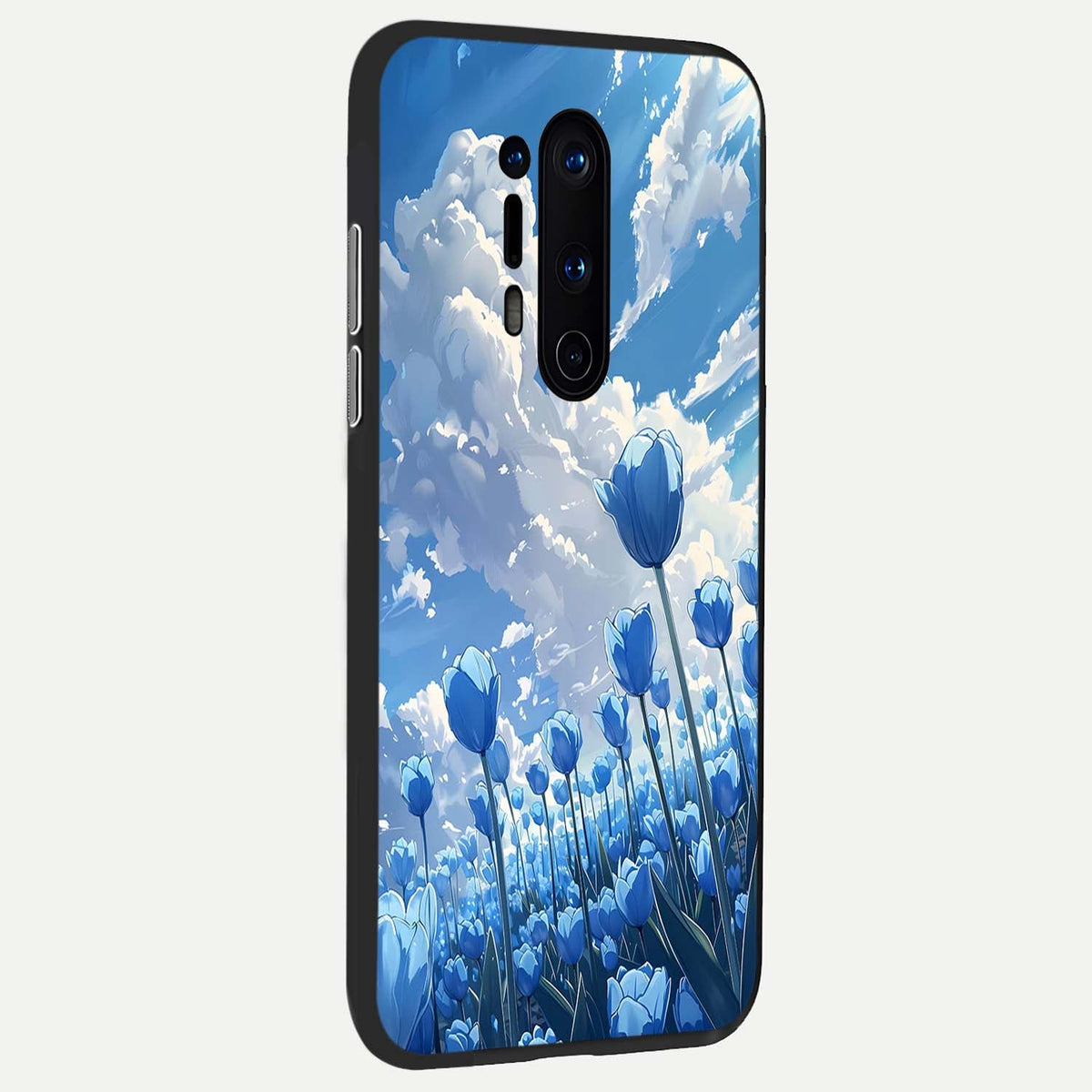  Blue Tulip Clouds back cover For OnePlus 8 Pro slim fit glass case with vibrant aesthetic design