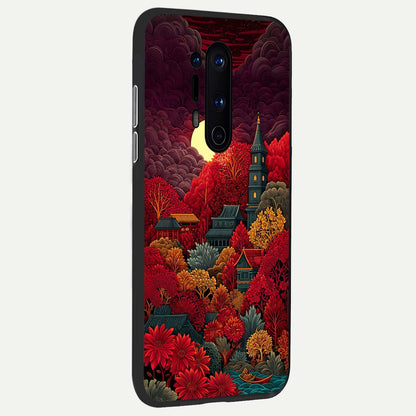  Scarlet Autumn Temple back cover For OnePlus 8 Pro slim fit glass case with vibrant aesthetic design