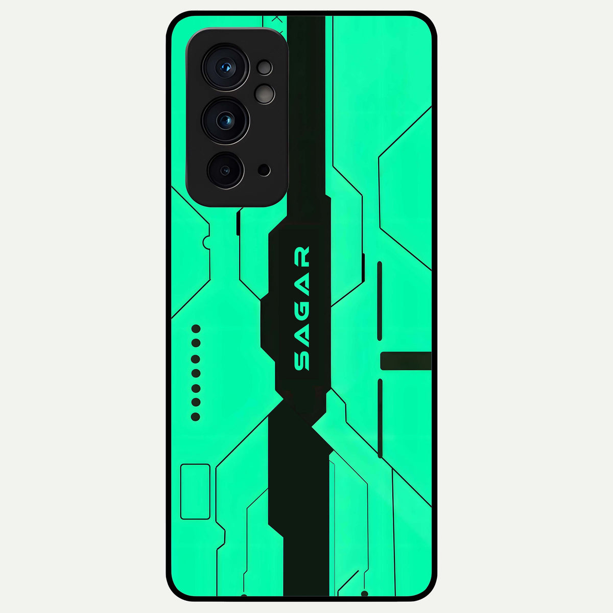  Aqua Tech CYBERPUNK Custom Name Glass Case For OnePlus 9RT back cover – full design glossy printed glass finish
