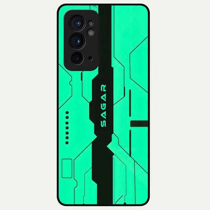  Aqua Tech CYBERPUNK Custom Name Glass Case For OnePlus 9RT back cover – full design glossy printed glass finish