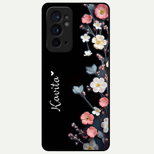  Black Elegance Floral Custom Name Glass Case For OnePlus 9RT back cover – full design glossy printed glass finish