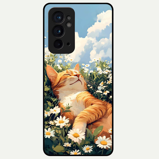  Cat And Flowers View Glass Case For OnePlus 9RT back cover – full design glossy printed glass finish