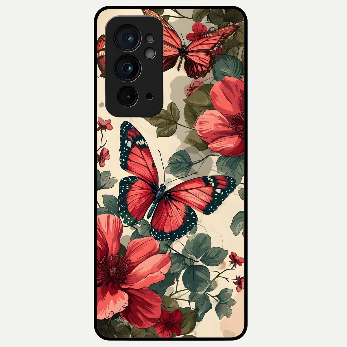  Crimson Butterfly Garden Glass Case For OnePlus 9RT back cover – full design glossy printed glass finish