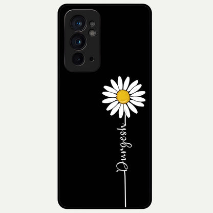  Custom Name White Flower Glass Case For OnePlus 9RT back cover – full design glossy printed glass finish