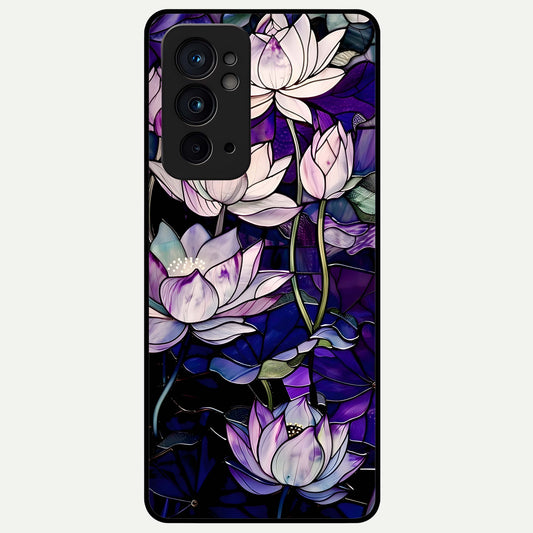 Purple Lotus Pattern Glass Case For OnePlus 9RT back cover – full design glossy printed glass finish