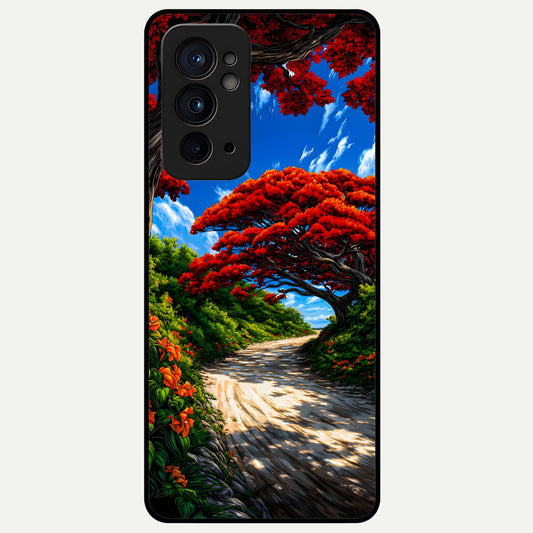  Red Trees Pathway Glass Case For OnePlus 9RT back cover – full design glossy printed glass finish
