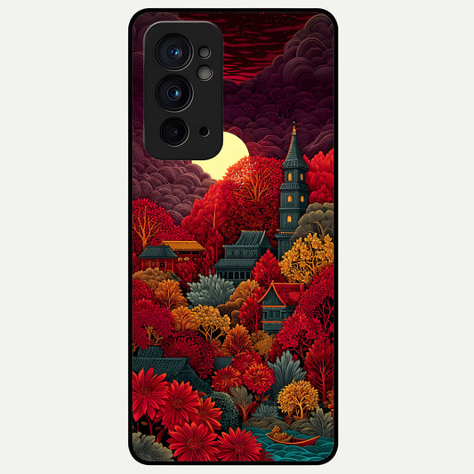  Scarlet Autumn Temple Glass Case For OnePlus 9RT back cover – full design glossy printed glass finish