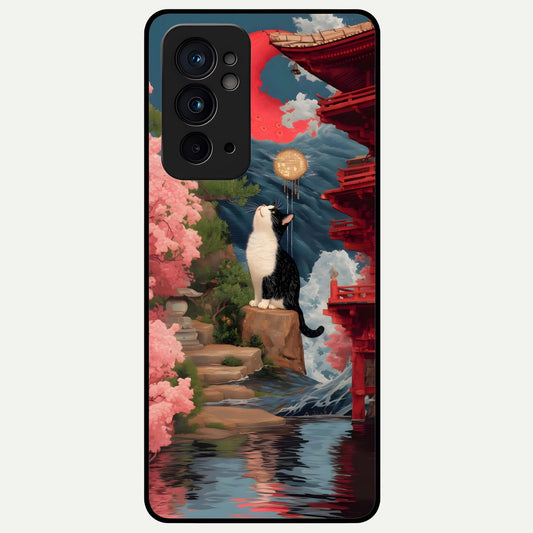  Temple Cat Scenery Glass Case For OnePlus 9RT back cover – full design glossy printed glass finish