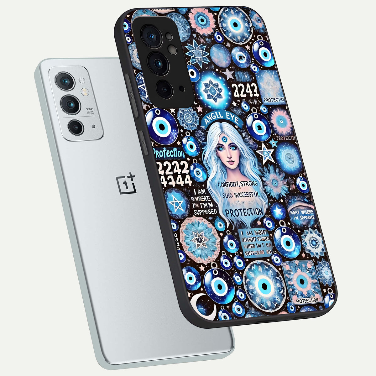  Angel Aura Shield phone case For OnePlus 9RT showing premium glass back cover with detailed artwork