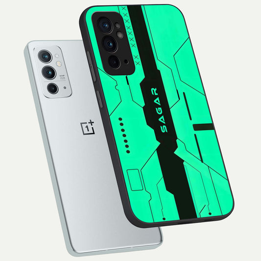  Aqua Tech CYBERPUNK Custom Name phone case For OnePlus 9RT showing premium glass back cover with detailed artwork