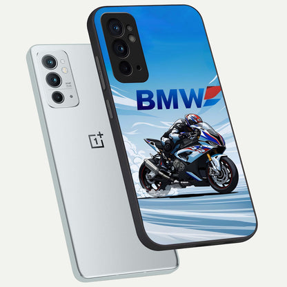  BMW Power Drift phone case For OnePlus 9RT showing premium glass back cover with detailed artwork