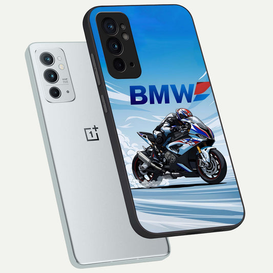  BMW Power Drift phone case For OnePlus 9RT showing premium glass back cover with detailed artwork