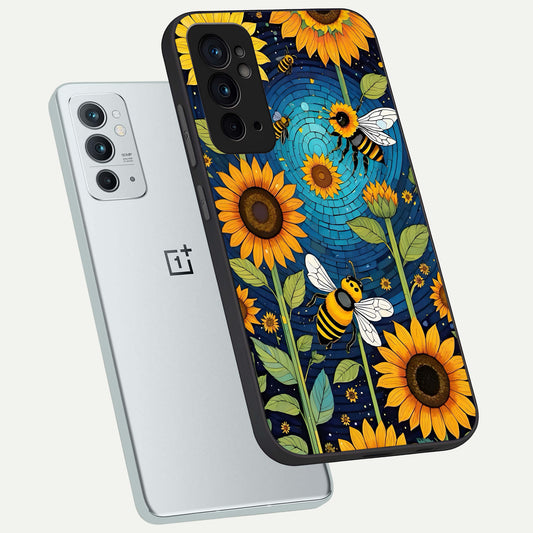  Bees And Sunflowers phone case For OnePlus 9RT showing premium glass back cover with detailed artwork
