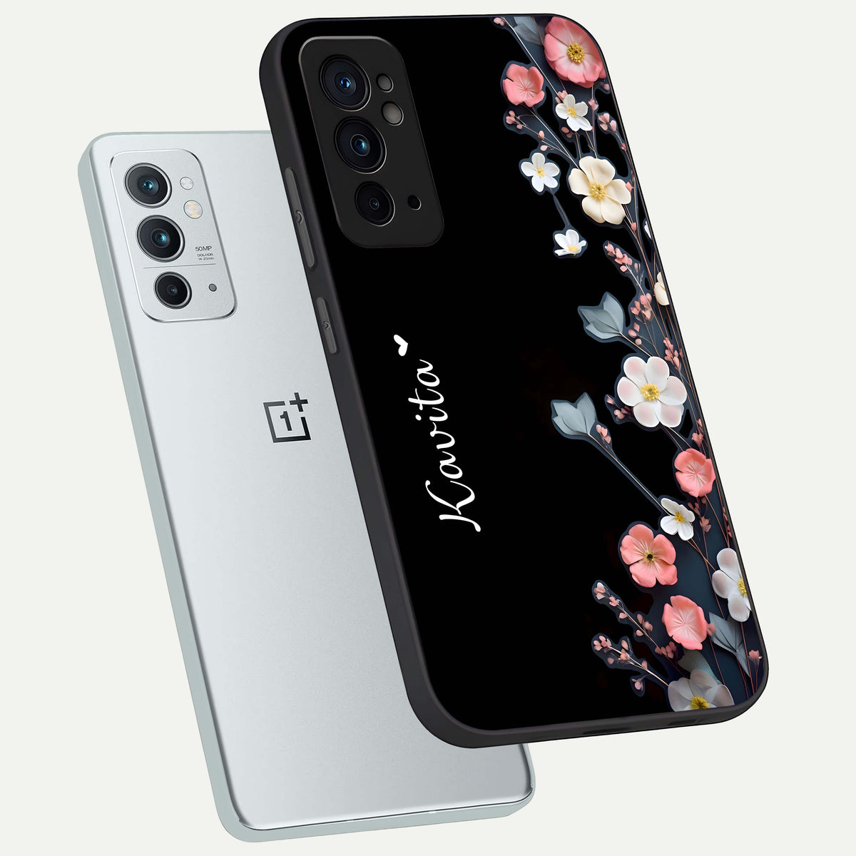  Black Elegance Floral Custom Name phone case For OnePlus 9RT showing premium glass back cover with detailed artwork