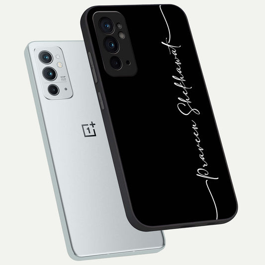  Black Tune Custom Name phone case For OnePlus 9RT showing premium glass back cover with detailed artwork