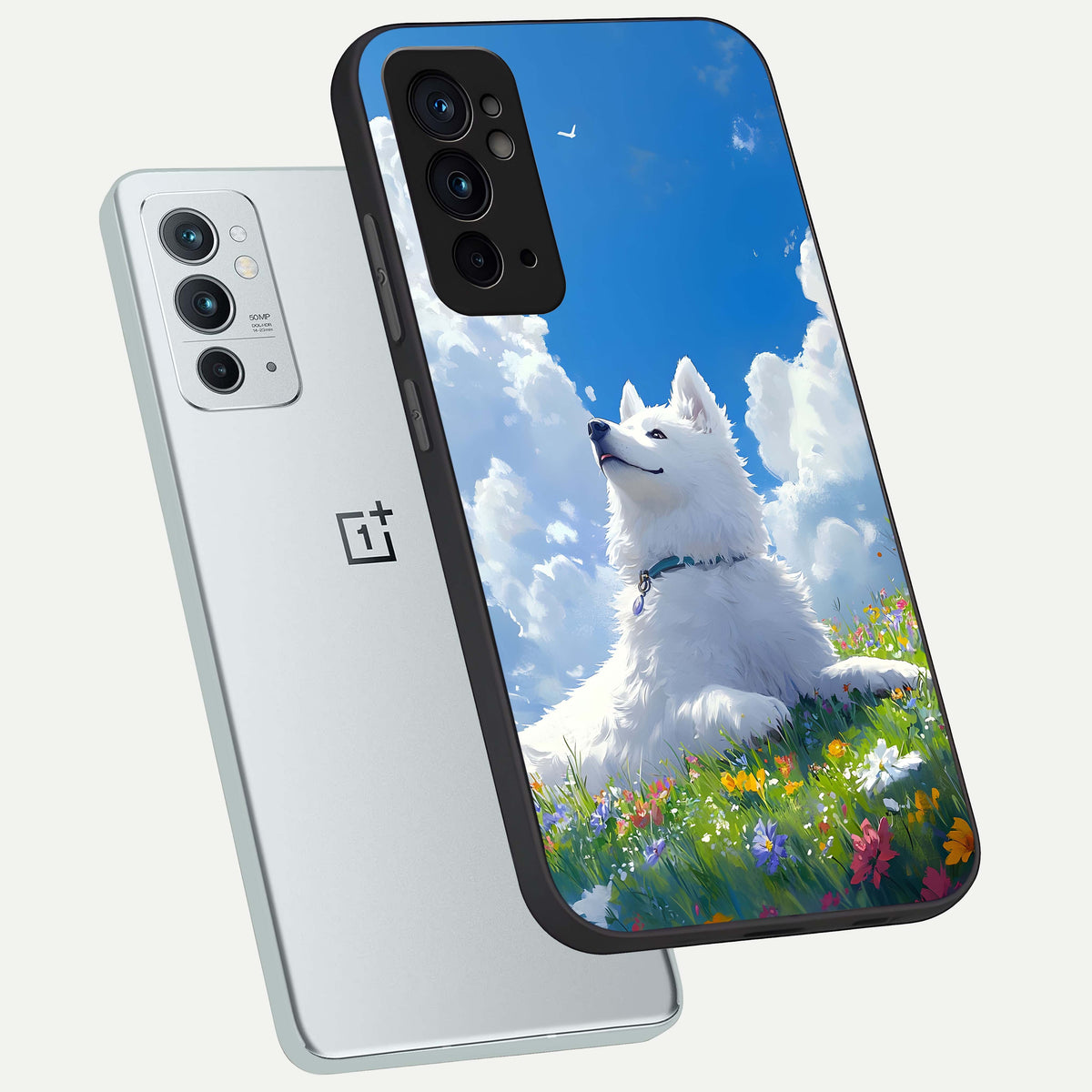  Blissful Cloud Pup phone case For OnePlus 9RT showing premium glass back cover with detailed artwork