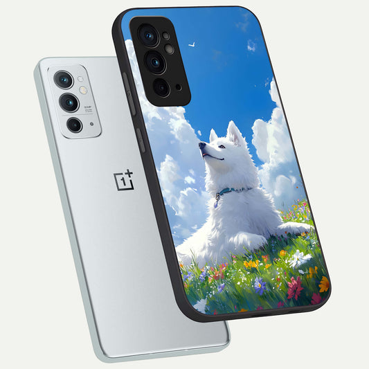  Blissful Cloud Pup phone case For OnePlus 9RT showing premium glass back cover with detailed artwork