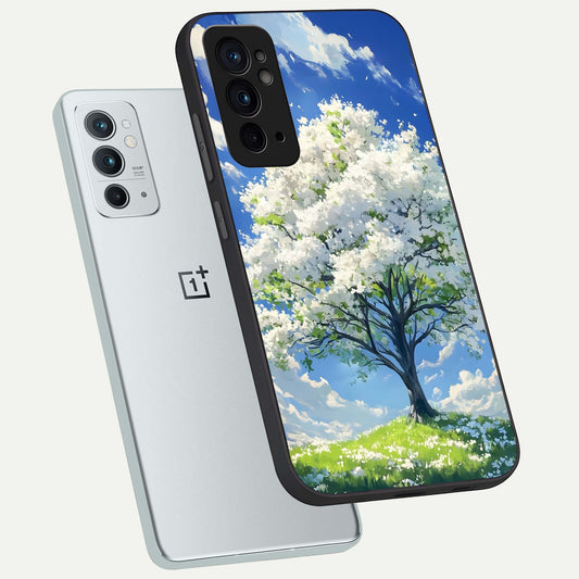  Blossom Sky Serenity phone case For OnePlus 9RT showing premium glass back cover with detailed artwork