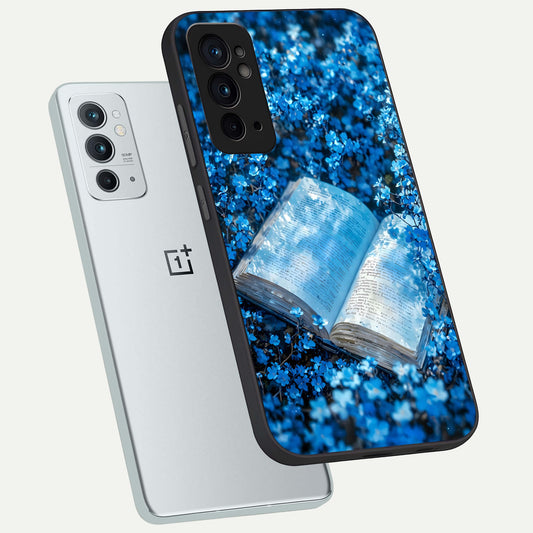  Blue Bloom Tales phone case For OnePlus 9RT showing premium glass back cover with detailed artwork
