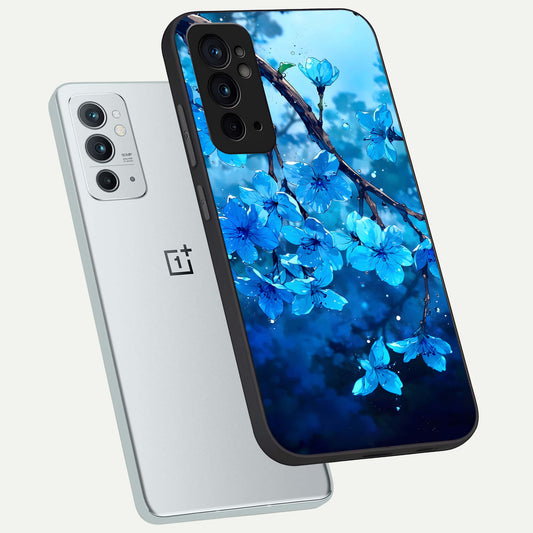  Blue Blossoms Branch phone case For OnePlus 9RT showing premium glass back cover with detailed artwork