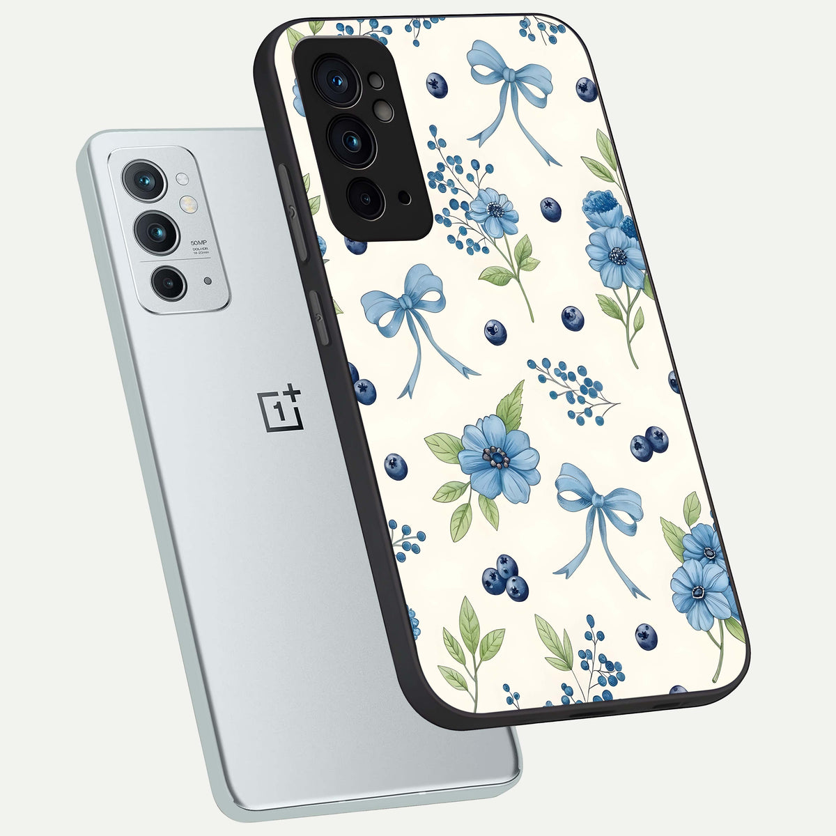  Blue Flower And Bow phone case For OnePlus 9RT showing premium glass back cover with detailed artwork