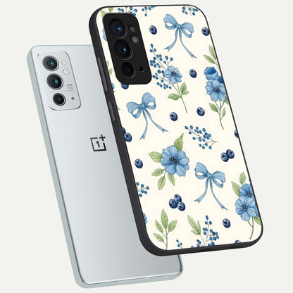  Blue Flower And Bow phone case For OnePlus 9RT showing premium glass back cover with detailed artwork