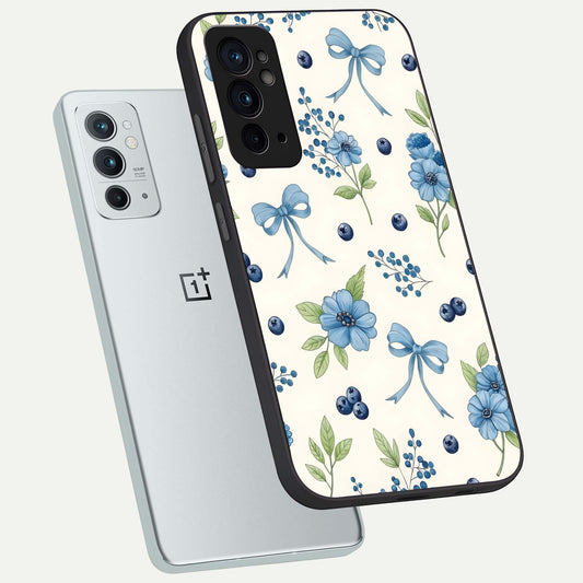  Blue Flower And Bow phone case For OnePlus 9RT showing premium glass back cover with detailed artwork
