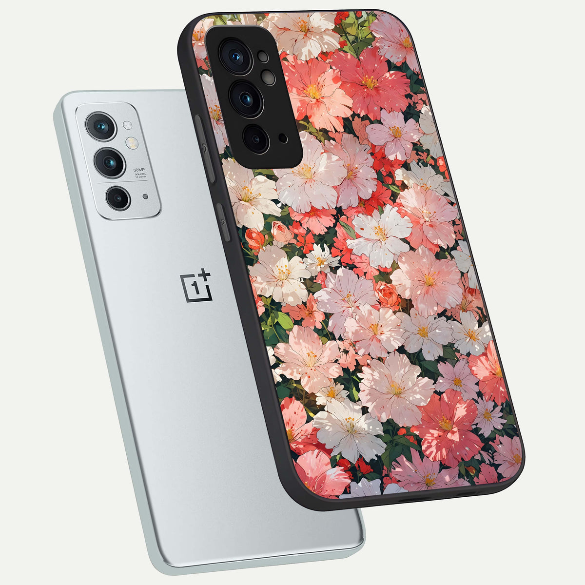  Blush Bloom Field phone case For OnePlus 9RT showing premium glass back cover with detailed artwork