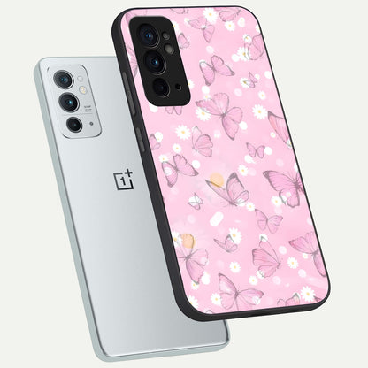  Blush Butterfly Garden phone case For OnePlus 9RT showing premium glass back cover with detailed artwork