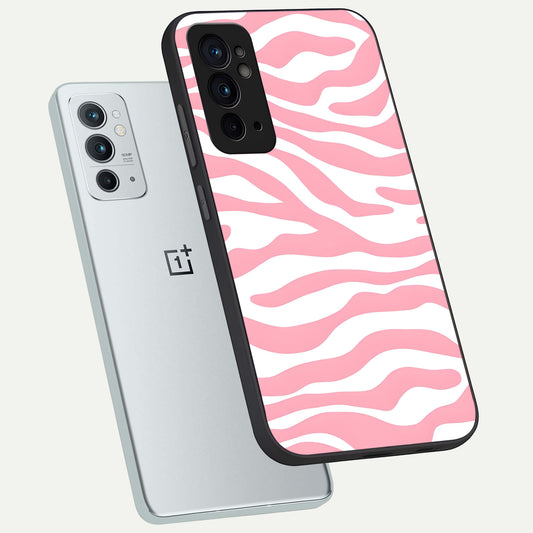  Blush Zebra Flow phone case For OnePlus 9RT showing premium glass back cover with detailed artwork