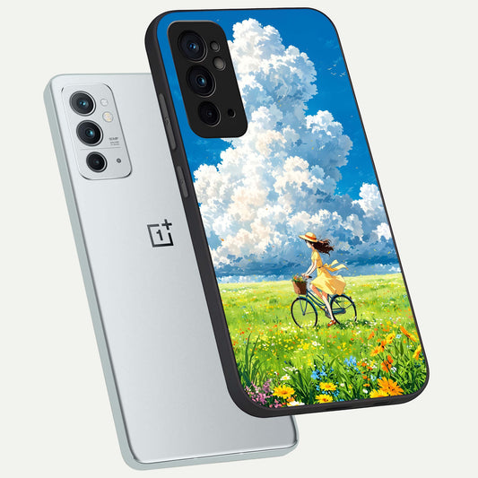  Breezy Meadow Ride phone case For OnePlus 9RT showing premium glass back cover with detailed artwork